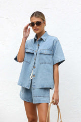 Hazel Blues® | Collared Neck Button Up Top and Shorts Denim Set