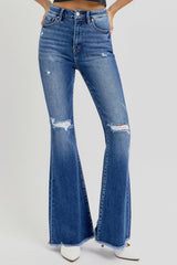 Hazel Blues® | RISEN High Rise Distressed Raw Hem Flare Jeans