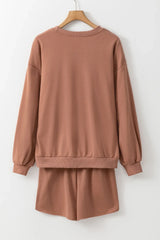 Hazel Blues® | COFFEE Sequin Round Neck Long Sleeve Top and Shorts Set