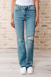 Hazel Blues® | Isla Mid Rise Distressed Released Hem Bootcut Jeans
