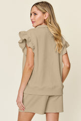 Hazel Blues® | Double Take Texture Flounce Sleeve Top and Drawstring Shorts Set