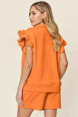 Hazel Blues® | Double Take Texture Flounce Sleeve Top and Drawstring Shorts Set