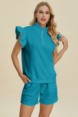 Hazel Blues® | Double Take Texture Flounce Sleeve Top and Shorts Set