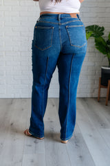 Hazel Blues® | Campbell High Rise Center Seam Detail Straight Jeans
