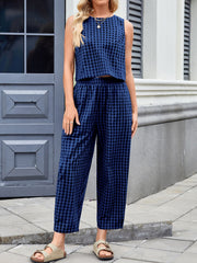 Hazel Blues® | Lovelet Plaid Round Neck Sleeveless Top and Pants Set