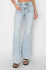 Hazel Blues® | Risen High Rise Front Patch Pocket Flare Jeans