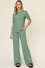 Hazel Blues® | Double Take Round Neck Short Sleeve T-Shirt and Wide Leg Pants Set