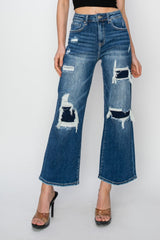 Hazel Blues® | Risen High Rise Patch Detailed Wide Leg Crop Jeans