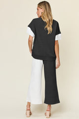 Hazel Blues® | Double Take Texture Contrast T-Shirt and Wide Leg Pants Set