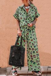 Hazel Blues® | Leopard Collared Neck Top and Pants Set