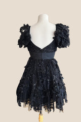 Black A-line Short Babydoll Dress with Bow