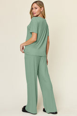 Hazel Blues® | Double Take Round Neck Short Sleeve T-Shirt and Wide Leg Pants Set