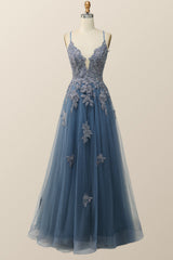 Blue V Neck Appliques Long Formal Dress