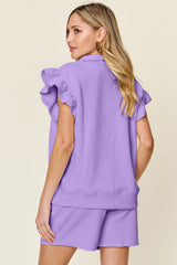 Hazel Blues® | Double Take Texture Flounce Sleeve Top and Drawstring Shorts Set