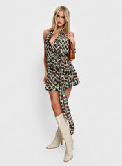 Brissa Halter Wrap Mini Dress Brown Multi