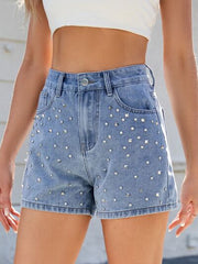 Hazel Blues® | Rhinestone Washed High Waist Denim Shorts