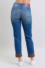 Hazel Blues® | Judy Blue Plaid Print Cuff Straight Leg Jeans with Pockets