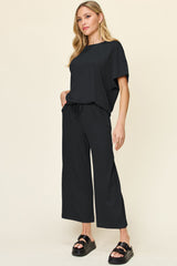 Hazel Blues® | Double Take Texture Round Neck Short Sleeve T-Shirt and Wide Leg Pants