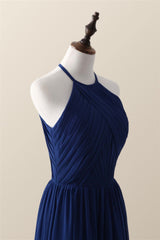 Halter Burgundy Pleated Long Bridesmaid Dress