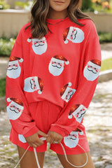 Hazel Blues® | Sequin Santa Round Neck Long Sleeve Top and Shorts Set