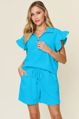 Hazel Blues® | Double Take Texture Flounce Sleeve Top and Drawstring Shorts Set