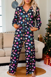 Hazel Blues® | Christmas Lights Print Collared Neck Top and Pants Set