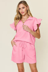 Hazel Blues® | Double Take Texture Flounce Sleeve Top and Drawstring Shorts Set