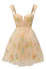 Green Floral A-line Short Princess Dress with Square Neck