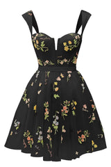 Green Floral A-line Short Princess Dress with Square Neck