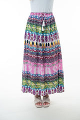 Hazel Blues® | Printed Elastic Waist Band Long Skirt with Tassels in Pink Combo