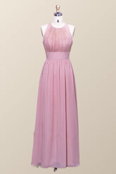 Halter Blush Pink Chiffon A-line Long Bridesmaid Dress