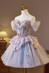 Off the Shoulder Purple Embroidery A-line Short Ball Gown