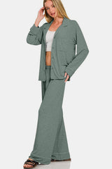 Hazel Blues® | Zenana Button Down Long Sleeve Top and Pants Lounge Set