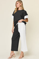Hazel Blues® | Double Take Texture Contrast T-Shirt and Wide Leg Pants Set