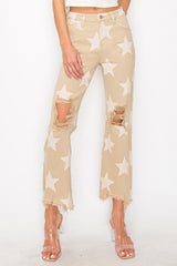 Hazel Blues® | RISEN High Rise Star Printed Frayed Hem Jeans