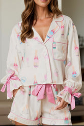 Hazel Blues® | Bow Printed Collared Neck Top and Drawstring Shorts Lounge Set