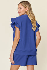 Hazel Blues® | Double Take Texture Flounce Sleeve Top and Drawstring Shorts Set