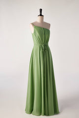 One Shoulder Matcha Green Long Bridesmaid Dress with Sash