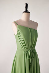 One Shoulder Matcha Green Long Bridesmaid Dress with Sash