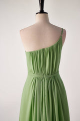 One Shoulder Matcha Green Long Bridesmaid Dress with Sash