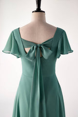 Flare Sleeves Eucalyptus Chiffon Long Bridesmaid Dress