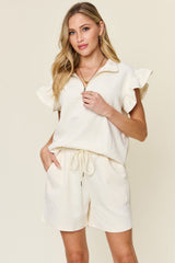 Hazel Blues® | Double Take Texture Flounce Sleeve Top and Drawstring Shorts Set
