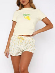 Hazel Blues® | Printed Round Neck Short Sleeve Top and Drawstring Shorts Set