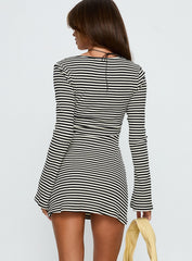 Lost Focus Long Sleeve Keyhole Mini Dress Black Stripe