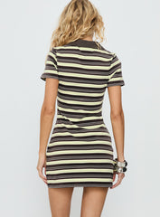 Zuria Collared V-neck Mini Dress Brown / Yellow Stripe