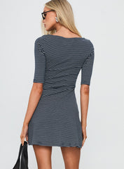 Evyna Boat Neck 3/4 Sleeve Mini Dress Navy Stripe