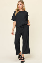 Hazel Blues® | Double Take Texture Round Neck Short Sleeve T-Shirt and Wide Leg Pants