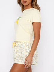 Hazel Blues® | Printed Round Neck Short Sleeve Top and Drawstring Shorts Set