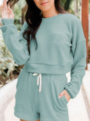 Hazel Blues® | Ribbed Round Neck Long Sleeve Top and Shorts Set