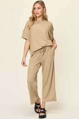 Hazel Blues® | Double Take Texture Round Neck Short Sleeve T-Shirt and Wide Leg Pants
